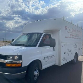 HVAC plumbing service truck driving